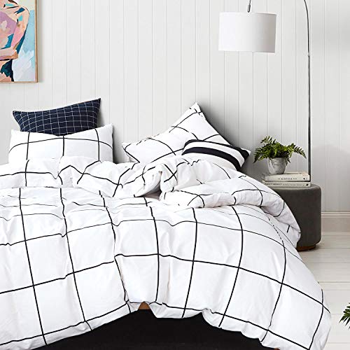 Image of KAREVER White Grid Comforter Twin Plaid Bedding Set Stripes Boys Checkered Comforters Bedding Set Girls White Grid Comforter Set Twin
