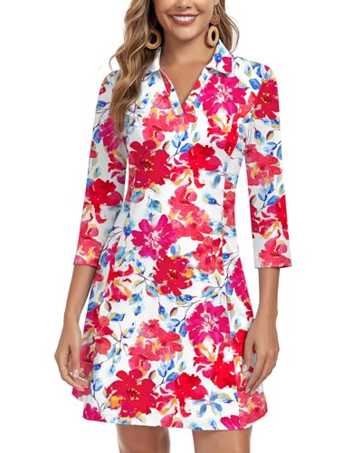 Image of WOWENY 3 /4 Sleeve Dress for Women with Pockets V Neck UPF 50+ Casual Sun Dress Breathable Quick Dry Beach Vacation