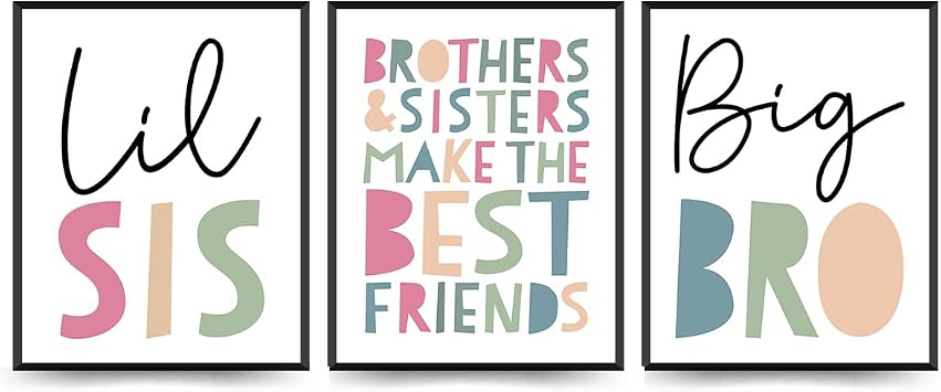 ETVISO Nursery Big Bro Lil Sis Wall Art Set of 3, Kids Room Wall Art, Sisters Brothers Prints, Play Room Decor for Kids, 8x10 Unframed