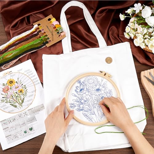 Image of GORGECRAFT Pattern Canvas Tote Bag Embroidery kit Instructions Bags Bamboo Hoops Tools Arts Supplies Needlepoint Needle Thread Handy Sewing Set Starter Kits for DIY Crafting Beginners Women Adults
