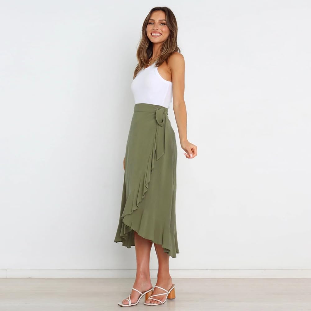 Odizli Gonna estiva da donna, elegante, a vita alta, con volant