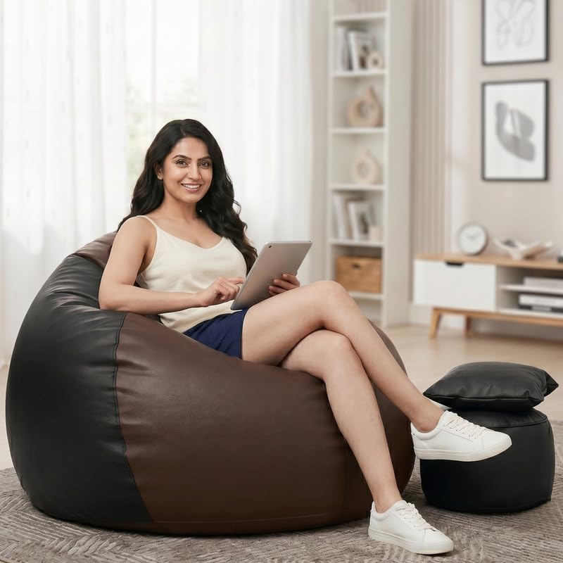 Image of Biggie Bean Bag 5XL Bean Bag Chair with Beans Filled - The Classics Bean Bag Sofa - Combo Set-Styled for Elegance with Free Cushion & Footrest (Matching Color : Ximo Brown-Black)