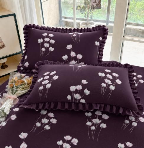 Image of Elastic Fitted King Size Bedsheet Cotton for Double Bed | 72 inchx78 inch +10 Inch, Floral, Soft & Breathable, Fade & Shrink Resistant, 2 Pillow Covers (Deep Plum)