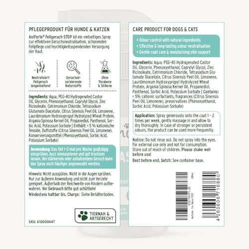 AniForte Fellgeruch-Stop Hund & Katze 200ml - Fellspray gegen Hundegeruch & Katzengeruch, Natürlicher Geruchsneutralisierer für Langhaar & Kurzhaar, Geruchsentferner bei Tiergerüchen