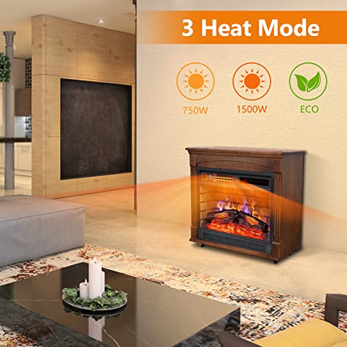 Wood Electric Fireplace Mantel Heater, 27\" Indoor Freestanding Fireplace Stove Infrared Heater with Log Set Adjustable Led Flame Remote Control Wheels Digital Display 3 Heater Mode, 750W-1500W - Thumbnail 2