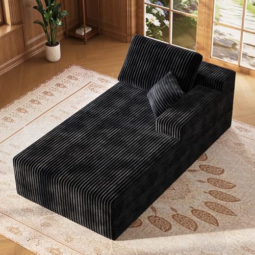Selyteramy 67 Sofa Bed Boneless Chaise Lounge Chair Plush Corduroy Upholstered Sofa Couch Bed with Pillows Lazy Chair for Living Room Bedroom Guest Room (Black Right Facing Chaise)