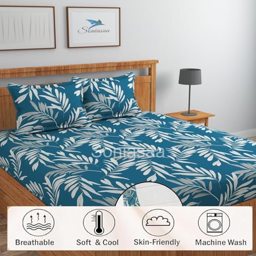 Image of 300 TC Glace-Cotton All Around Elastic Fitted Bedsheet, Elastic Fitted Bedsheet King Size Bedsheet for Double Bed with 2 Pillow Covers, Size - 72 x 78 x 8 Inch Color Matalic Blue