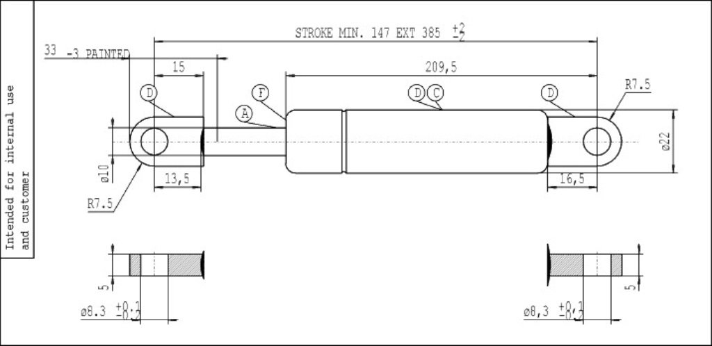 Stabilus Sprężyna gazowa 7298PT -1200N do łóżek kontenerowych, otwory środkowe, 385 mm