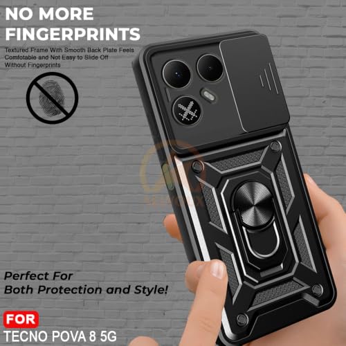 Image of Armor Bumper Back Cover Case for Tecno Pova 8 5G Rotating Camera Cover, Ring Holder & Kickstand | Heavy Duty & 360 Degree Protection Back Cover for Tecno Pova 8 5G (Black)