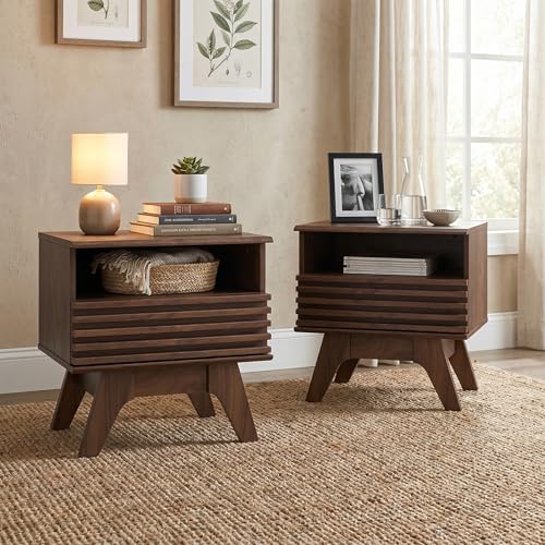 AODK 18.9" Wide Fluted Nightstand Set of 2, End Table with Drawer and Open Shelf, Mid Century Modern Side Tables with Legs, Bedside Tables for Bedroom, Dark Walnut