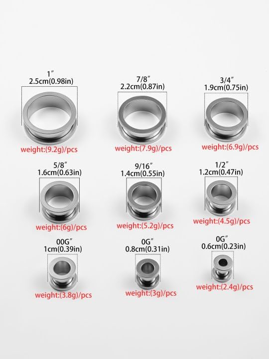 Miniatura 4 de Juego de 12 tapones para los oídos de acero inoxidable 316L, calibre grande, tornillo de estiramiento, ajuste de túneles calibre 0.07 oz - 1 pulgada
