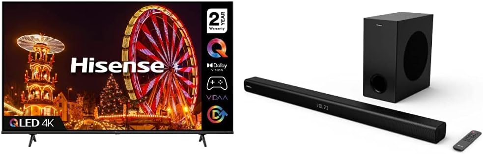 Hisense 65E77HQTUK QLED Gaming Series 65-inch 4K UHD Dolby Vision HDR Smart TV with YouTube, Netflix,Disney HS218 2.1ch Sound Bar with Wireless Subwoofer, 200W