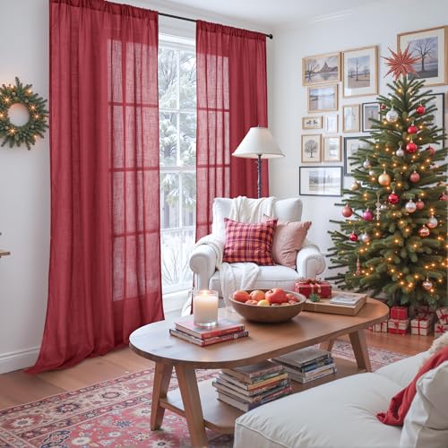 Image of BGment Long Linen Semi Sheer Curtains 102 Inch Length for Living Room, Burgundy Lightweight Window Drapes for Bedroom with Rod Pocket Rustic Textured, 2 Panels Set, Each 52 Inch Wide