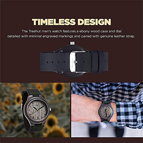 Treehut Mens Ebony Wooden Silver Oak Watch With Genuine Black Leather Strap Q. #TOP1