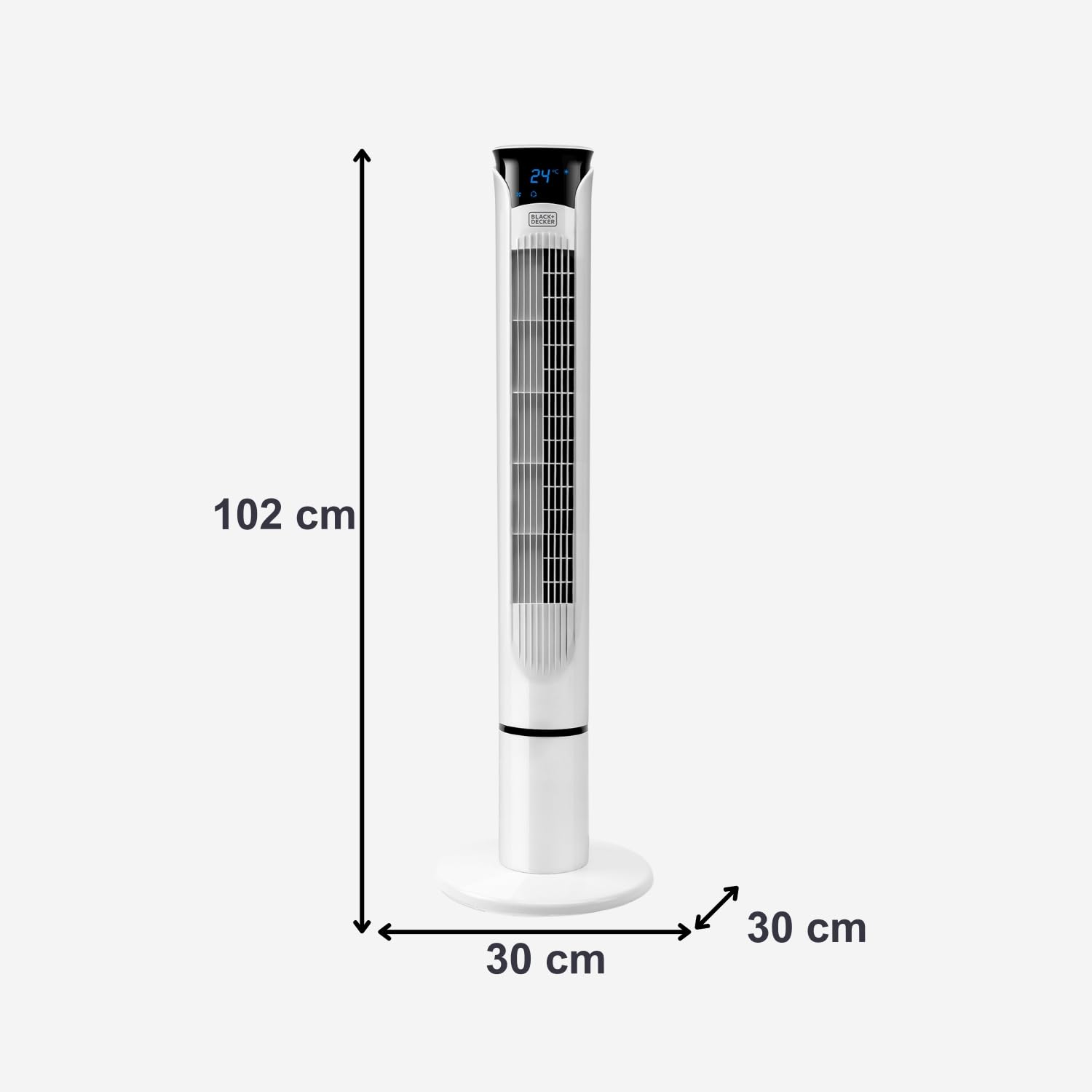 Black+Decker BXEFT49E Cyfrowy wentylator wieżowy z bardzo wysokim 102 cm i cichym pilotem, 3 prędkości, timer 12h, temperatura otoczenia, biały