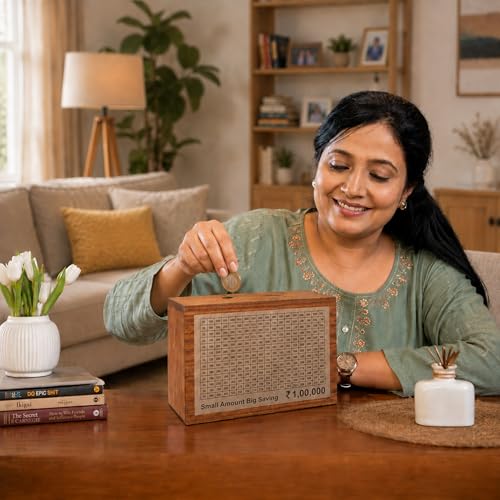 Image of Unbreakable Wooden Money Saving Box for Adults - 1 Lakh Capacity | Reusable Piggy Bank | Money Bank with Amount 100000 | One Lakh Gullak, Kidddy Bank for Kids, Men, Women, Girls, Boys | 1 Yr Warranty