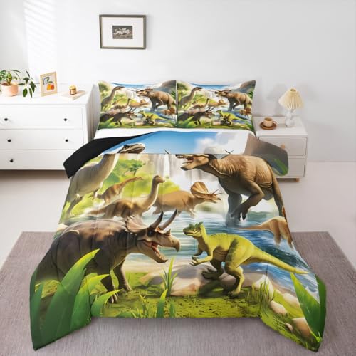 Image of Feelyou Dinosaur Dino Jungle Comforter Set Full Size Boys Girls Bedding | Children Wild Animal 3d Print All Season Breathable Soft Duvet Set Quilt Set Room Decor Microfiber 3Pcs Warm Cozy Lightweight