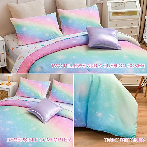 Btargot Super Soft 6 Pieces Gradient Star Sky Comforter Set, Colorful Rainbow Star Pattern Bedding Set For Boys Girls Teens, Full Pink Green #TOP3