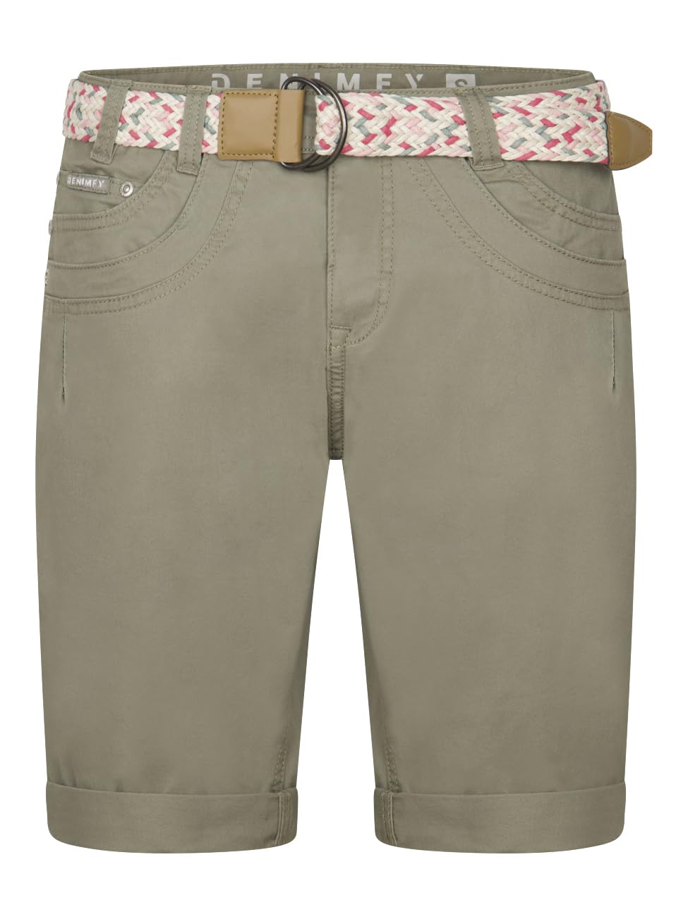 DENIMFY Bermudas Pantalones cortos para mujer con cinturón, corte regular, pantalones chinos, pantalones cortos de verano, hasta la rodilla, elásticos, monocolor, blanco, beige, rosa, azul, oliva,