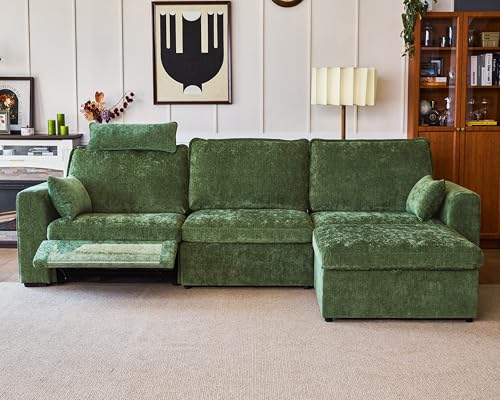 Image of 124.8'' Oversized Power Recliner Sofa with Headrest, Extra Wide Modular Cloud Sectional Reclining Couch, Convertible 4-Seater with Storage Ottoman for Home Theater Living Room, Chenille, Green