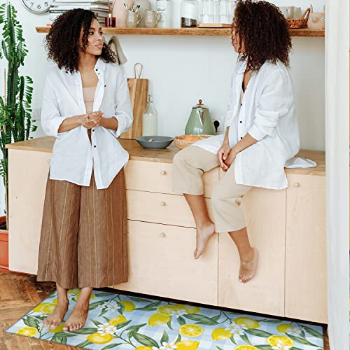 Lemon Kitchen Mat Rug Set Of 2- Lemon Kitchen Rugs With Runner, Lemon Kitchen Decor Accessories Things, Buffalo Plaid Kitchen Rug Mat- Yellow Blue Rugs For Home Kitchen Large- 17X30 And 17X48 Inch #TOP1