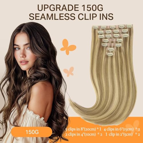 Image of DOORES Human Hair Extensions, Light Blonde Highlighted Golden Blonde 130g 7pcs 16 Inch, Invisible Edge Seamless Clip in Hair Extensions for Women