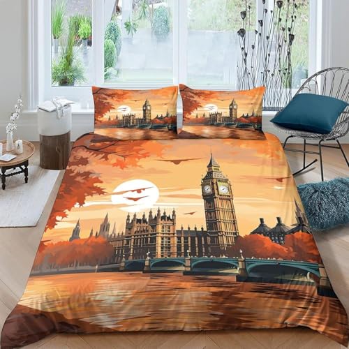 Housse De Couette Londres, Ville, Big Ben 90X190 Cm Parure De Lit 1/2 Personnes Housse De Couette avec Fermeture Éclair 3D Impression Microfibre Bedding avec...