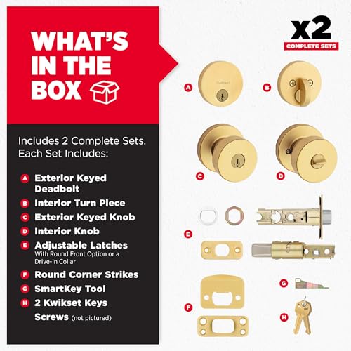 Image of Kwikset Pismo Round Front Door Lock Handle and Deadbolt Set, Entry Exterior with Interior Door Knob, Satin Brass, Project Pack, Pick Resistant SmartKey Rekey Deadbolt Security