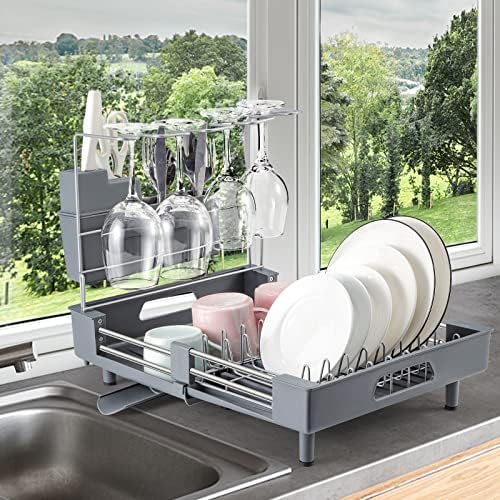 PYGHWNXH Dish Drying Rack, Kitchen Counter Dish Drainers Rack, Expandable(13.2"-19.1") Dish Racks, with Utensils Holder,Wine Glass Holder Large Dish Racks and Dish Drainers for Kitchen Counter. Gray