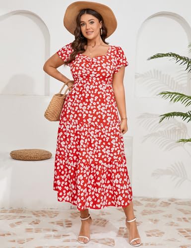 Image of KOJOOIN Women Plus Size Summer Dress Short Sleeve Casual Dress Floral Midi Dress Sweetheart Neck Ruffle Dress