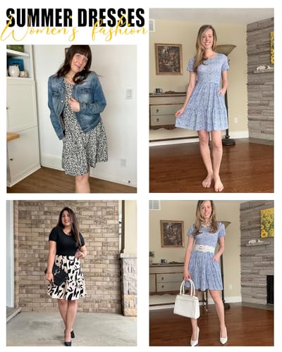 Image of AUSELILY Women Summer Dress Casual Short Sleeve Crew Neck Mini Dresses Beach with Pockets