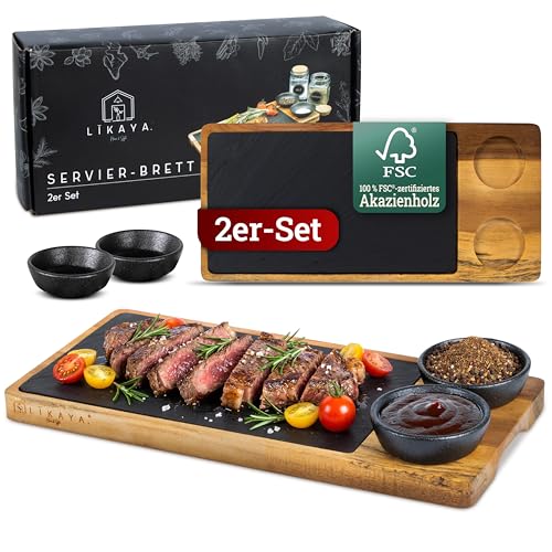 LIKAYA Steak- & Servierbrett 'Luis' 2er-Set – FSC Akazienholz mit Schieferplatte & Dipschalen – Grillbrett für Steak, Burger, Sushi BBQ-Fans