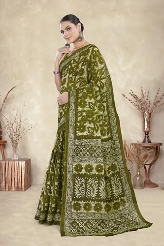 Image of TAMAIRA FASHION Mulmul Pure Cotton Saree For Woman Floral Batik Printed |Office Wear Daily Wear Sarees For Women Without Blouse Piece (Available in 16 Colours)
