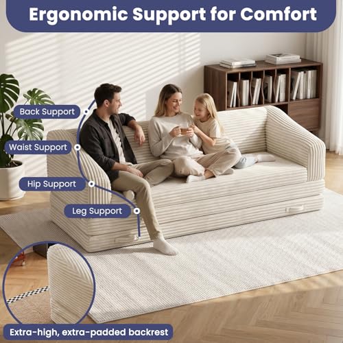 Image of JUIKURY Convertible Sofa Bed, 3-in-1 Foldable Loveseat Couch with Armrest, Corduroy Floor Sofa & Sleeper Bed, No Assembly High-Density Foam Futon Mattress for Living Room, Small Apartment, Dorm