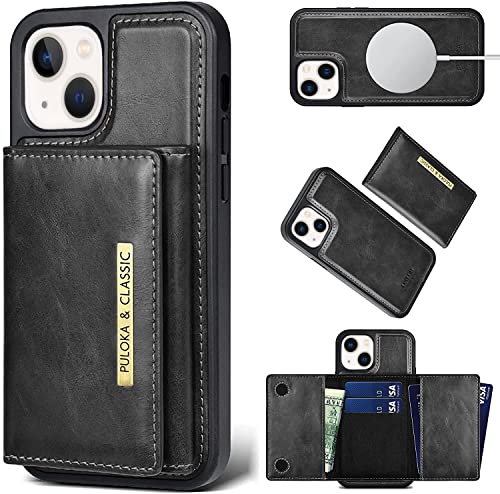 Image of PULOKA Wallet Back Case - Compatible with iPhone 13 - Vegan Leather Phone Cover - Detachable Card Holder Case with Kickstand - Shockproof, Anti Scratch & Raised Edges for Protection - Black