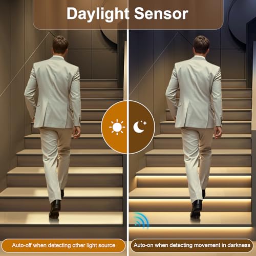 Image of Intelligent Motion Sensor LED Stair Light Kit with Main Wire& Daylight Sensor, Step by Step Control 47.2 Inches Cuttable LED Strip Lights Indoor with Remote (16 Stairs,3000K)