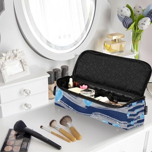 Bolsa de viaje para herramientas de cabello para mujer y tapete resistente al calor, estuche portátil para planchas, rizadores y secadores, azul marino con rayas y corazones miniatura 7