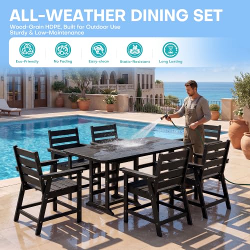 Image of 7-Piece Dining Set, HDPE Table & 6 Chairs, Black | HDPE Dining Set,67 inch Table+6 Chairs, 380 lbs, 304 Stainless, All-Weather,No Rust No Crack,Outdoor Patio Garden