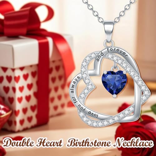 TOUPOP Heart Birthstone Pendant Necklace 925 Sterling Silver Double Heart Love Jewelry Birthday Christmas Gifts for Women Her Wife Girlfriend Mom3