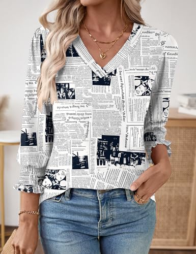 Rapbin 3/4 Length Sleeve Womens Tops Summer Loose V-Neck Tshirts Shirts Puff Sleeve Boutique Tunic Cute Blouses (Newspaper Printed,Large) - Thumbnail 6