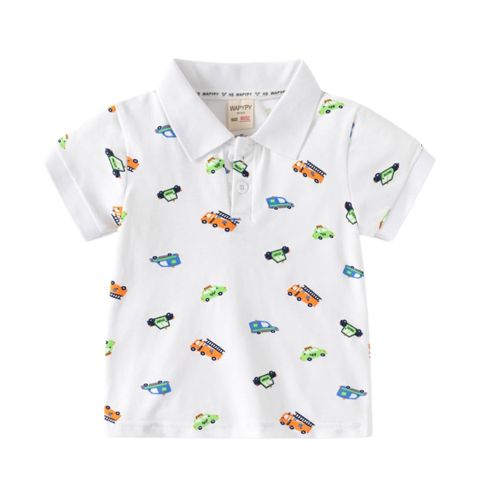 Meufam Toddler Baby Fashion Printed T-Shirts Lapel Button Little Kids Polo Shirt Short Sleeve Slim Fit Cartoon Print Top (White,130/5-6 Y,Unisex,Big Kid,US,Age,5 Years,6 Years)