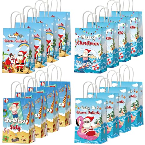 24PCS July Christmas Party Favor Bags Christmas Tropical Party Disposable Treat Bags with Handles Hawaiian Gift Bags for Summer Christmas Theme Hawaiian Beach Birthday Party Decorations Supplies