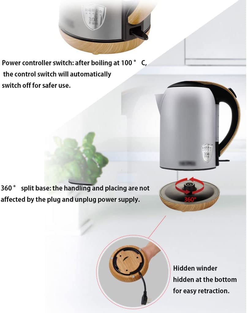 Bollitore elettrico, bollitore elettrico senza fili, a cottura rapida, bollitore per acqua calda in acciaio inox da 1,7 l, con spegnimento automatico, facile da usare