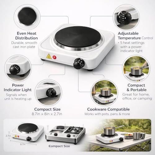Image of 1000W Electric Hot Plate Stove Single Burner Portable Cooking Plate Compact Kitchen Heater with Temperature Control Heavy Duty Metal Body for Home Office Travel and Outdoor Cooking Use