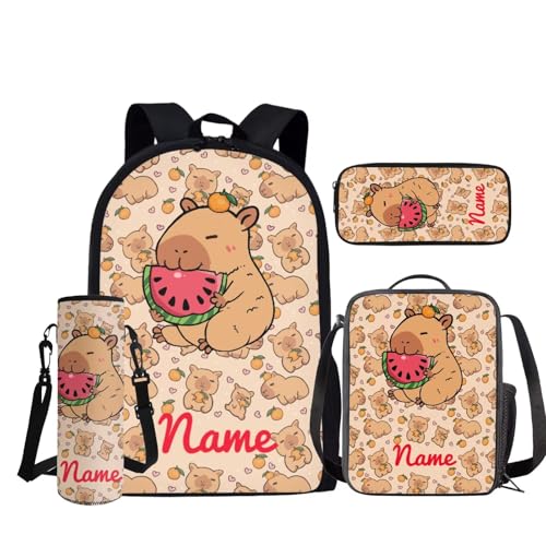 Rnyleeg Personalized Capybara Backpack with Lunchbox for Girls Custom Name Girls Backpack Set 4pcs Customized Kids Bookbag Set for Elementary School Mochila Para Niña2