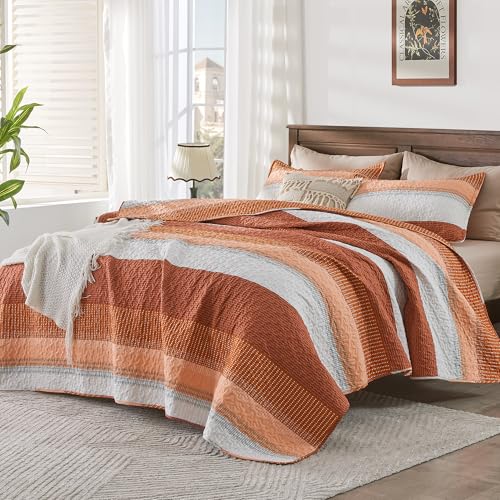 Image of Andency Orange Quilt King(106x96Inch), 3 Pieces (1 Striped Quilt and 2 Pillowcases) Patchwork Striped Bedspread Coverlet Set, Soft Lightweight All Season Quilted Bedding Set