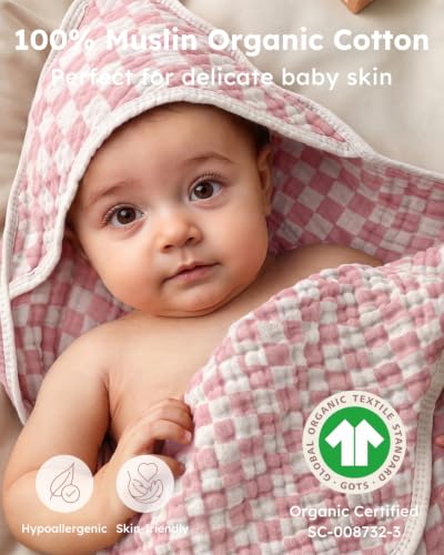 Image of Yoofoss Hooded Baby Towels for Newborn 2 Pack 100% Muslin Organic Cotton Baby Bath Towel with Hood for Babies, Infant, Toddler and Kids, 32x32Inch, Soft and Absorbent, Pink Blue Checkered