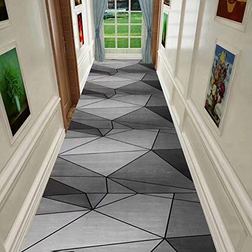 Tapis d'entrée super long au design polygonal gris et finitions soignées - 3