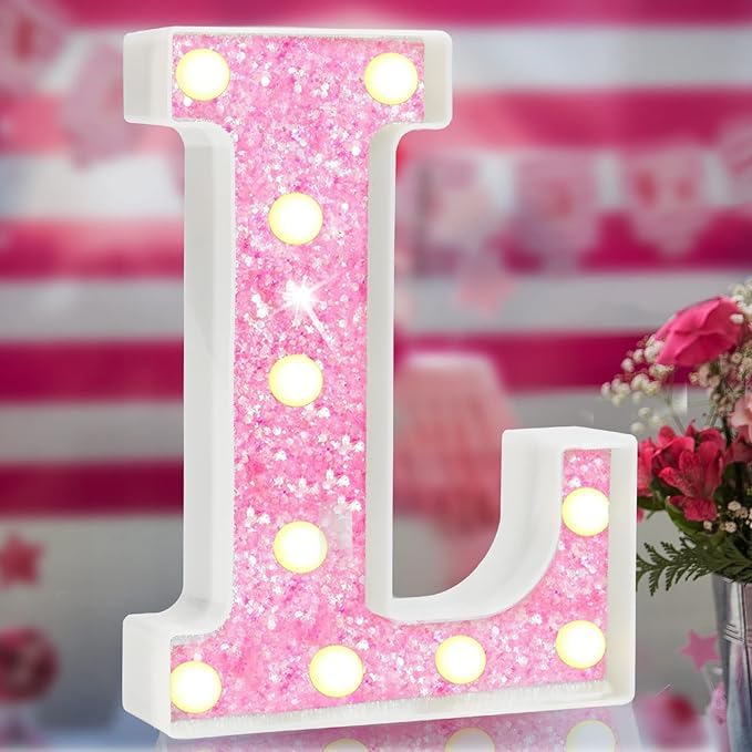 Pink Light Up Letters, Glitter Alphabet Letter Sign Pink LED Marquee Letter Lights Battery Powered for Night Light Girls Bedroom ，Birthday Party (L)
