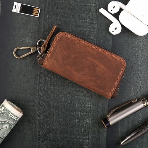Image of Handmade Full Grain Leather Car Key Holder & Zippered Coin Purse | Belt Loop Key Chain, Compact Earphone Holder Multi-Functional Money Purse Elegant Leather Accessory Versatile Key Organizer (Tan)